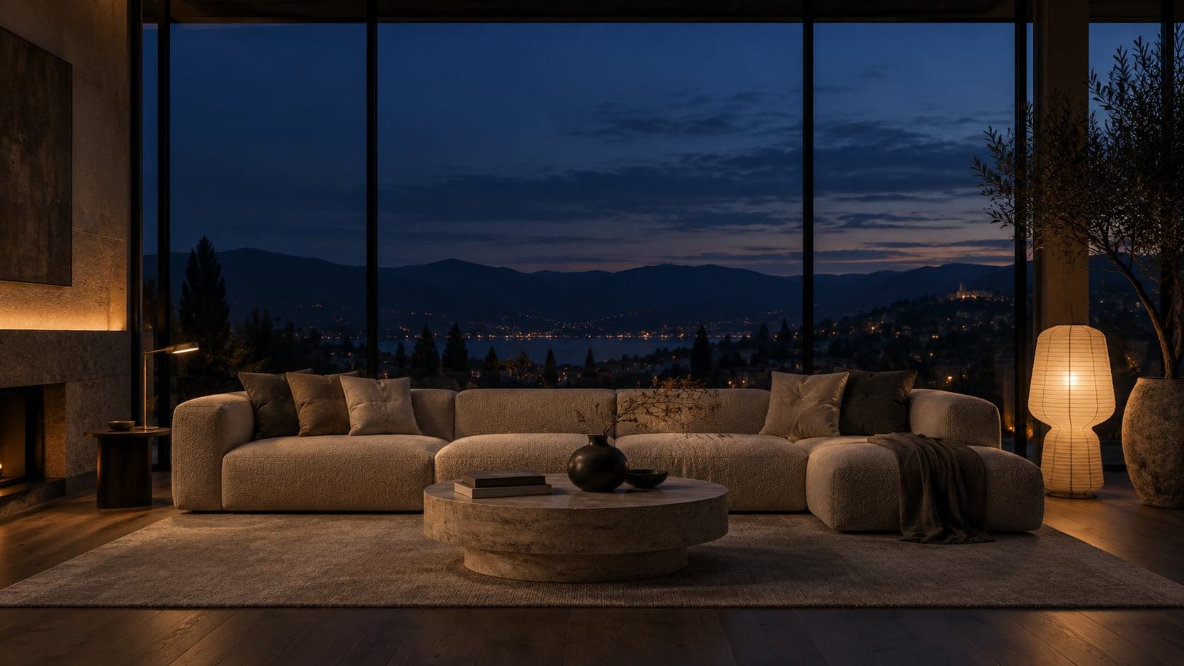 A calm, beautifully lit living room at dusk